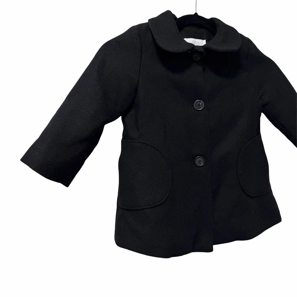 ZARA Wool Blend Button Front Pea Coat Girls Size 3/4Y Black Heavyweight Winter